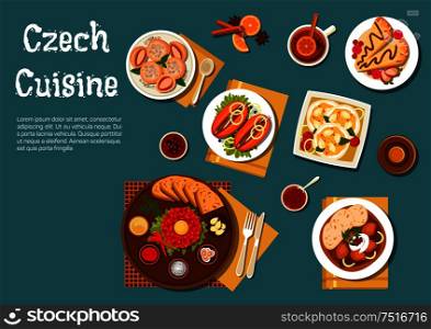 Traditional czech steak tartare served on plate with raw egg yolk, toasted bread and condiments and sirloin with dumplings, pickled sausages with pickles and spicy fried bread, strawberry dumplings and pancakes filled with fruits, beer bottle. National czech cuisine nutritious dishes