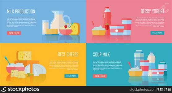 Traditional Dairy Products Banners Set. Different traditional dairy products from milk on color background. Milk production, berry yogurt, best cheese, sour milk banners. Assortment of dairy products. Farm food. Dairy website template