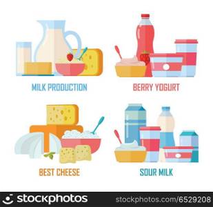 Traditional Dairy Products from Milk. Different traditional dairy products from milk on white background. Milk production, berry yogurt, best cheese, sour milk banners. Assortment of dairy products. Farm food illustration set in flat.