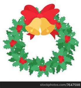 Traditional decoration for xmas celebration. Christmas holiday element made in rounded shape. Wreath with red ribbons and bells, branches of mistletoe leaves. Winter holidays symbol of noel vector. Wreath for Xmas Made of Bell, Ribbon and Mistletoe