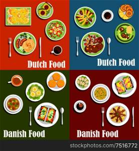 Traditional dutch and danish open sandwiches on rye bread , served with seafood and cheese, meat and fish dishes garnishing with fresh vegetables, sauerkraut and egg salad, cinnamon rolls, pancakes and donuts. Dutch and danish traditional cuisine