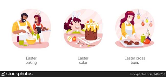Traditional Easter food isolated cartoon vector illustration set. Happy family baking Easter cross buns, making dough, child in bunny ears looking at delicious cake, preparation vector cartoon.. Traditional Easter food isolated cartoon vector illustration set