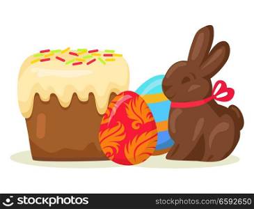 Traditional Easter treats vector illustration. Delicious Easter cake with creamy top, colorful eggs and chocolate bunny with red bow isolated on white background. Spring religious holiday celebration.. Traditional Easter Treats Isolated Illustration