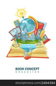 Traditional education concept with open book earth globe and modern electronic educational technology composition abstract vector illustration . Open Book Education Concept Abstract Composition