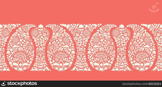 Traditional Elaborate Coral Paisley Vector Seamless Horizontal Border Pattern. Elegant classic background. Monochrome Shawl print. Perfect for textile. Traditional Elaborate Coral Paisley Vector Seamless Horizontal Border Pattern. Elegant classic background.