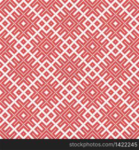 Traditional ethnic Russian and slavic ornament.DISABLING LAYER, you can obtain seamless pattern.The pattern is filled with red circles.. Seamless Traditional Russian and ornament made by circles in red