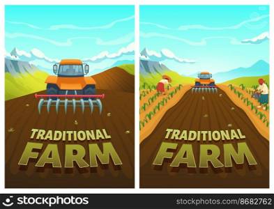 Traditional farm cartoon poster. Tractor plowing field on rural mountain landscape with workers care of plants, watering, harvesting corn. Agriculture, countryside or village life, Vector illustration. Traditional farm cartoon poster tractor plow field