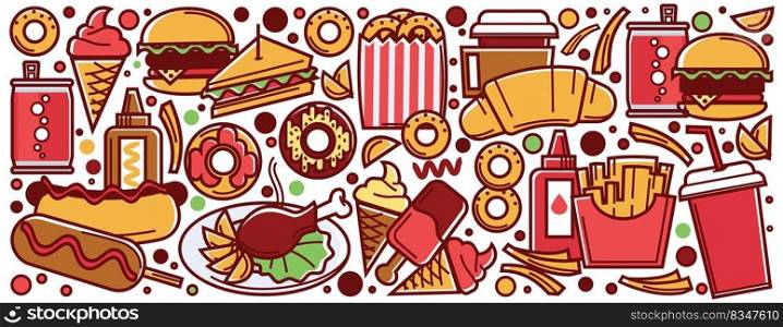 Traditional fast food dishes and recipes, sandwiches and burgers with meat, croissants and donuts with glazing. Hot dog and chicken drumstick, ice cream, and soda drink. Vector in flat style. Fast food beverages and dishes, traditional meal
