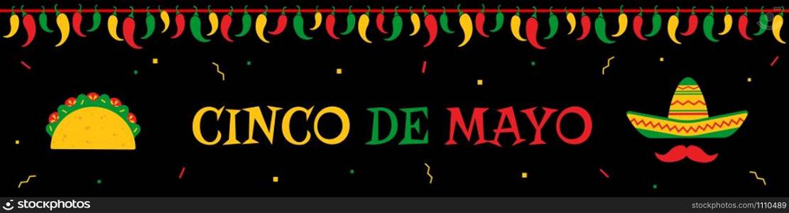 Traditional festival cinco de mayo web design banner template. Native taco and face with sombrero and mustache under chili pepper garland. Festive colors vector illustration for event on cinco de mayo. Taco and sombrero cinco de mayo event web banner