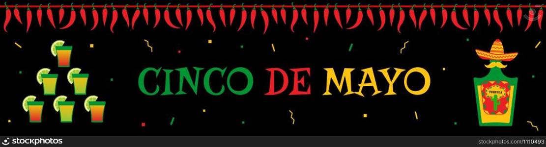 Traditional festival cinco de mayo web design banner template. Funny tequila bottle and cocktails tower under chili pepper garland. Festive colors vector illustration for event on cinco de mayo. Tequila cocktail and bottle cinco de mayo banner.