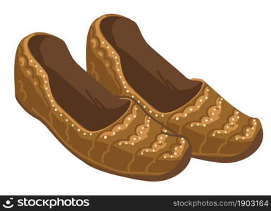 Traditional footwear of indian women, isolated clothes and accessories of female in india. Textile and clothing trends in asia. Pair of boots, handcrafted embroidered shoes. Vector in flat style. Indian women shoes made of textile, old footwear