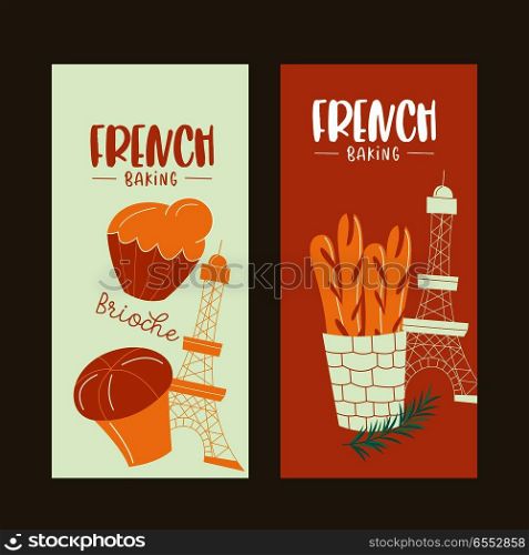 Traditional French pastries, bread. Baguettes and brioche. Vector illustration.