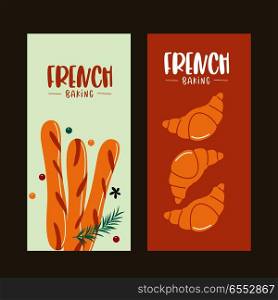 Traditional French pastries, bread. Baguettes and croissants. Vector illustration.