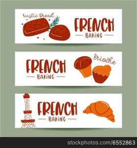 Traditional French pastries, bread. The croissants and rye bread. Vector illustration.