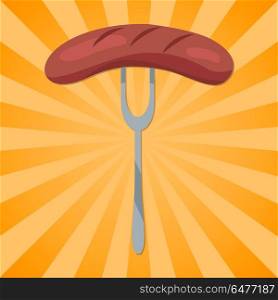 Traditional German Sausage Vector Illustration. Traditional german sausage on fork symbol of german cuisine vector in concept of Oktoberfest or Octoberfest festival on background with rays