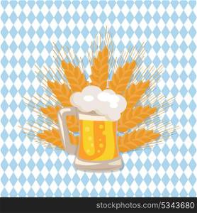 Traditional Glass of Beer with White Foam Vector. Traditional glass of beer vector illustration on checkered backdrop with ears of wheat. Light alchoholic beverage in transparent mug with handle
