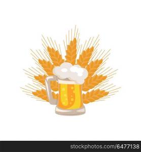 Traditional Glass of Beer with White Foam Vector. Traditional glass of beer with white foam and bubbles on background of ears of wheat vector. Light alcoholic beverage in transparent mug with handle