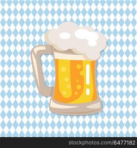 Traditional Glass of Beer with White Foam Vector. Traditional glass of beer with white foam and bubbles vector on checkered abstract background. Light alchoholic beverage in transparent mug with handle