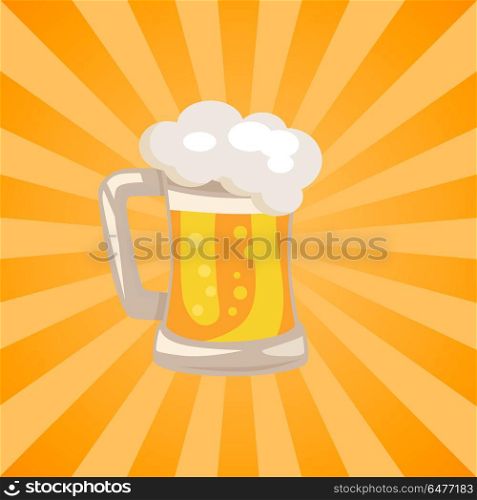 Traditional Glass of Beer with White Foam Vector. Traditional glass of beer with white foam and bubbles vector isoated illustration. Light alchoholic beverage in transparent mug with handle