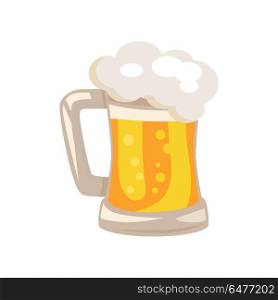 Traditional Glass of Beer with White Foam Vector. Traditional glass of beer with white foam and bubbles vector isoated illustration. Light alchoholic beverage in transparent mug with handle