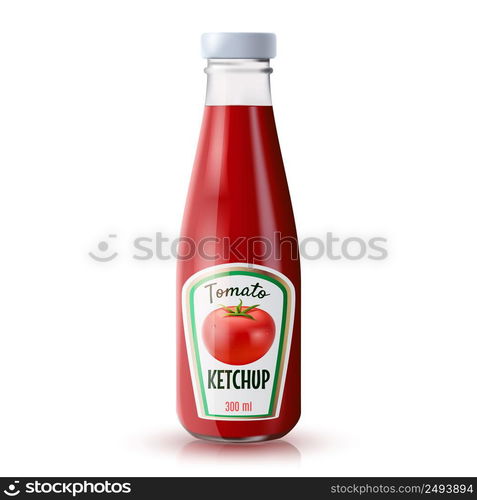 Traditional glass tomato ketchup bottle isolated on white background realistic vector illustration. Ketchup Realistic Bottle