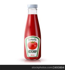 Traditional glass tomato ketchup bottle isolated on white background realistic vector illustration. Ketchup Realistic Bottle