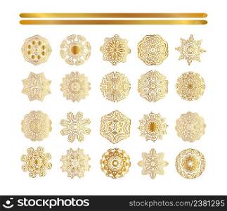 Traditional golden decor on white background. Abstract golden ornament.. Oriental gold pattern. Golden snowflakes set
