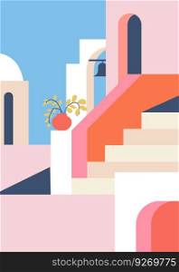 Traditional Greek architecture and culture, exterior and facade of houses with arches, stairs and houseplants decoration. Home by sea, cityscape and landscape in summer. Vector in flat style. Exterior of home by sea, Greek architecture vector