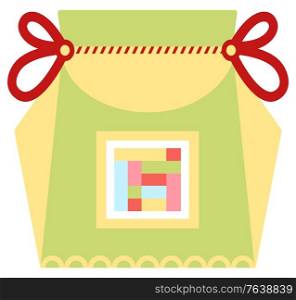 Traditional green fortune bag with red ribbon made of textile with embroidered auspicious. Chinese bag isolated on white. Seollal or Korean lunar New Year. Lucky gift vector illustration in flat style. Colorful Fortune Bag Isolated on White Vector
