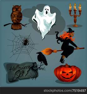 Traditional Halloween characters. Funny creepy orange pumpkin candle lantern, old witch in hat riding broom, sinister ghost, cemetery tomb engraving, spider web. Isolated vector decoration elements. Traditional Halloween characters