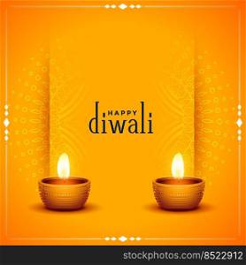 traditional happy diwali orange card with realistic diya