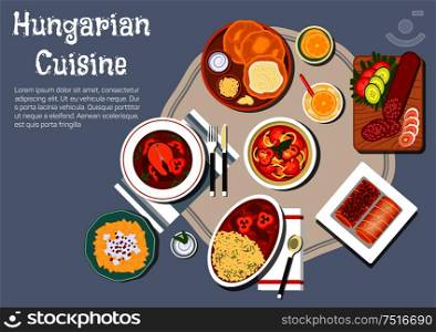 Traditional hungarian cuisine fried bread langos with sour cream and cheese, served with winter salami, egg noodles with cheese and meat stew, spicy fish soup with hot paprika pepper, vegetable salad and stove cakes with lemonade. National hungarian cuisine dishes set