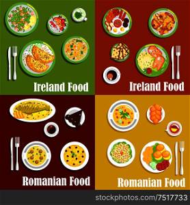 Traditional irish full breakfast and romanian mamaliga flat icons served with pancakes and corned beef salad, pigs fits and meatball soup, grilled fish and potato casserole, vegetable and meat stews, sweet bread, chocolate cake and merengue dessert . National dishes of irish and romanian cuisines