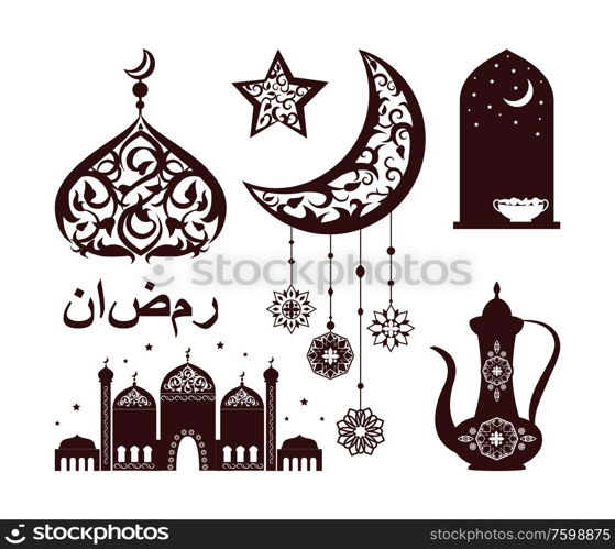 Traditional islamic elements, ornamented crescent moon with curved lines and flowers hanging on threats, mosque window isolated on vector illustration. Traditional Islamic Elements Vector Illustration