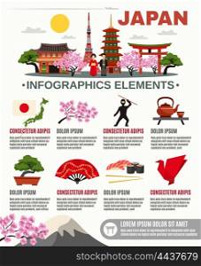 Traditional Japan Culture Flat Infographic Poster . Information on traditional Japan culture food and historical landmarks flat poster with infographic elements abstract vector illustration
