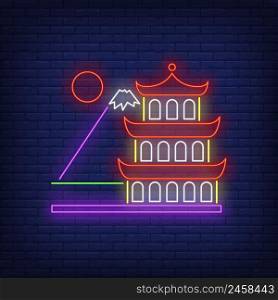 Traditional Japanese building, mountain and sun neon sign. Japan, Asia, culture design. Night bright neon sign, colorful billboard, light banner. Vector illustration in neon style.