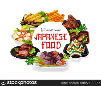 Traditional Japanese cuisine dishes, vector restaurant menu cover. Japanese national authentic lunch and dinner meals, boiled shrimp with turnip, pork in large chunks, tempura and fried iwashi fish. Japanese cuisine menu, meat and seafood dishes