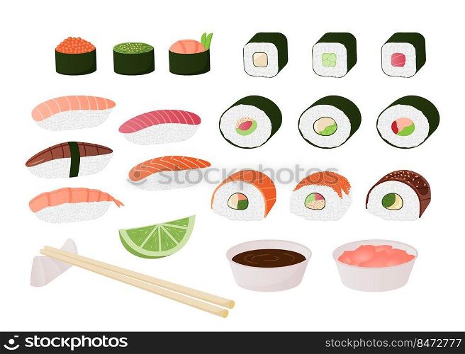 traditional Japanese meal with spicy seafood, tuna salmon and shrimps. Vector isolated set illustrations delicious dish sushi. traditional Japanese meal with spicy seafood, tuna salmon and shrimps. Vector isolated set