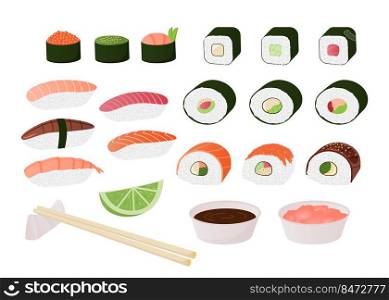 traditional Japanese meal with spicy seafood, tuna salmon and shrimps. Vector isolated set illustrations delicious dish sushi. traditional Japanese meal with spicy seafood, tuna salmon and shrimps. Vector isolated set