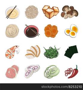 Traditional Japanese or Korean food - a big set of ingredients for traditional Oriental ramen noodle soups. Vector illustration in hand-drawn style on a white background. Traditional Japanese or Korean food - a big set of ingredients for traditional Oriental ramen noodle soups. Vector illustration in hand-drawn style on a white background.