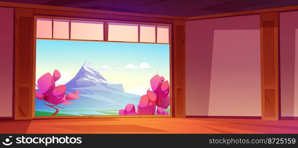Traditional Japanese room interior, Fuji mountain and cherry blossom view. Colorful cartoon vector illustration of empty apartment or hotel suite and beautiful natural landscape. Travel and tourism. Traditional Japanese room interior, Fuji mountain
