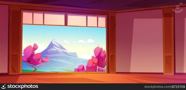 Traditional Japanese room interior, Fuji mountain and cherry blossom view. Colorful cartoon vector illustration of empty apartment or hotel suite and beautiful natural landscape. Travel and tourism. Traditional Japanese room interior, Fuji mountain