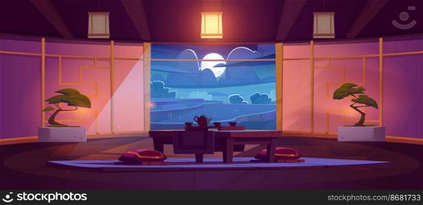 Traditional japanese room with cups and teapot on table, red cushions and bonsai. Japanese tea ceremony at night. Vector cartoon interior of empty house with furniture and moon in sky behind window. Traditional japanese tea ceremony at night