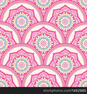 Traditional Japanese seamless pattern. Pink soft colored fish squama with mandala flower. Traditional Japanese seamless pattern. Pink soft colored fish squama. Mermaid scales. Stock vector