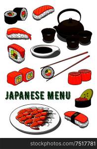 Traditional japanese sushi rolls and nigiri, futomaki and gunkan icons served with marinated salmon, tuna and shrimps, avocado and roe, spicy teriyaki prawns and soy sauce, ceramic tea set and chopsticks. Japanese sushi, grilled prawns, soy sauce and tea