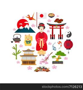 Traditional Japanese symbols on white background. Japanese icons in flat style.