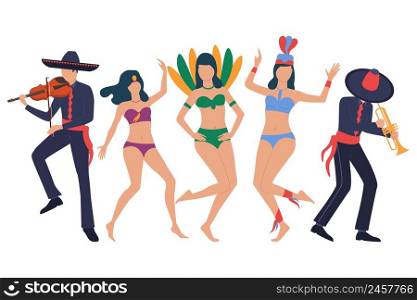 Traditional Latin show. Set of men in sombreros playing instruments and women in bikini dancing samba. Show concept. Vector illustration can be used for topics like fiesta, culture, festival. Traditional Latin show. Set of men in sombreros