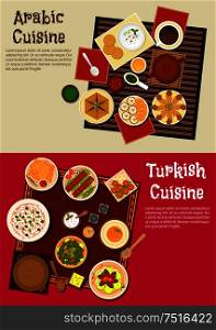 Traditional lunch dishes of arabian and turkish cuisine with pita bread served with dipping sauces, kebab and falafels, meat pie and olives, herbal tea with cakes and fruits. Arabian and turkish cuisine dishes
