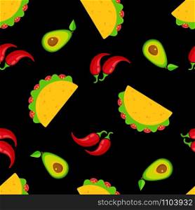 Traditional mexican cuisine tacos seamless pattern. Group of taco with beef or chicken meat, salad and tomato, red chili pepper and green avocado on black background for cafe festival decoration. Traditional mexican cuisine tacos seamless pattern