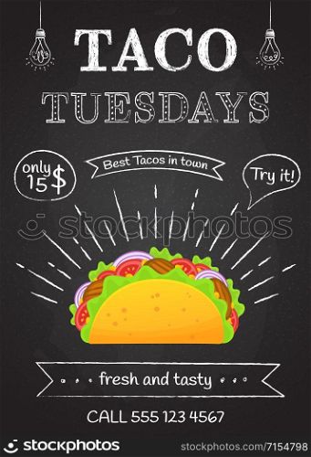Traditional mexican fastfood taco tuesday poster. Tasty beef meat, salad, tomato in delicious tacos with vintage chalk decoration and sign Taco Tuesday. Vector illustration for food truck design. Traditional mexican fastfood taco tuesday poster